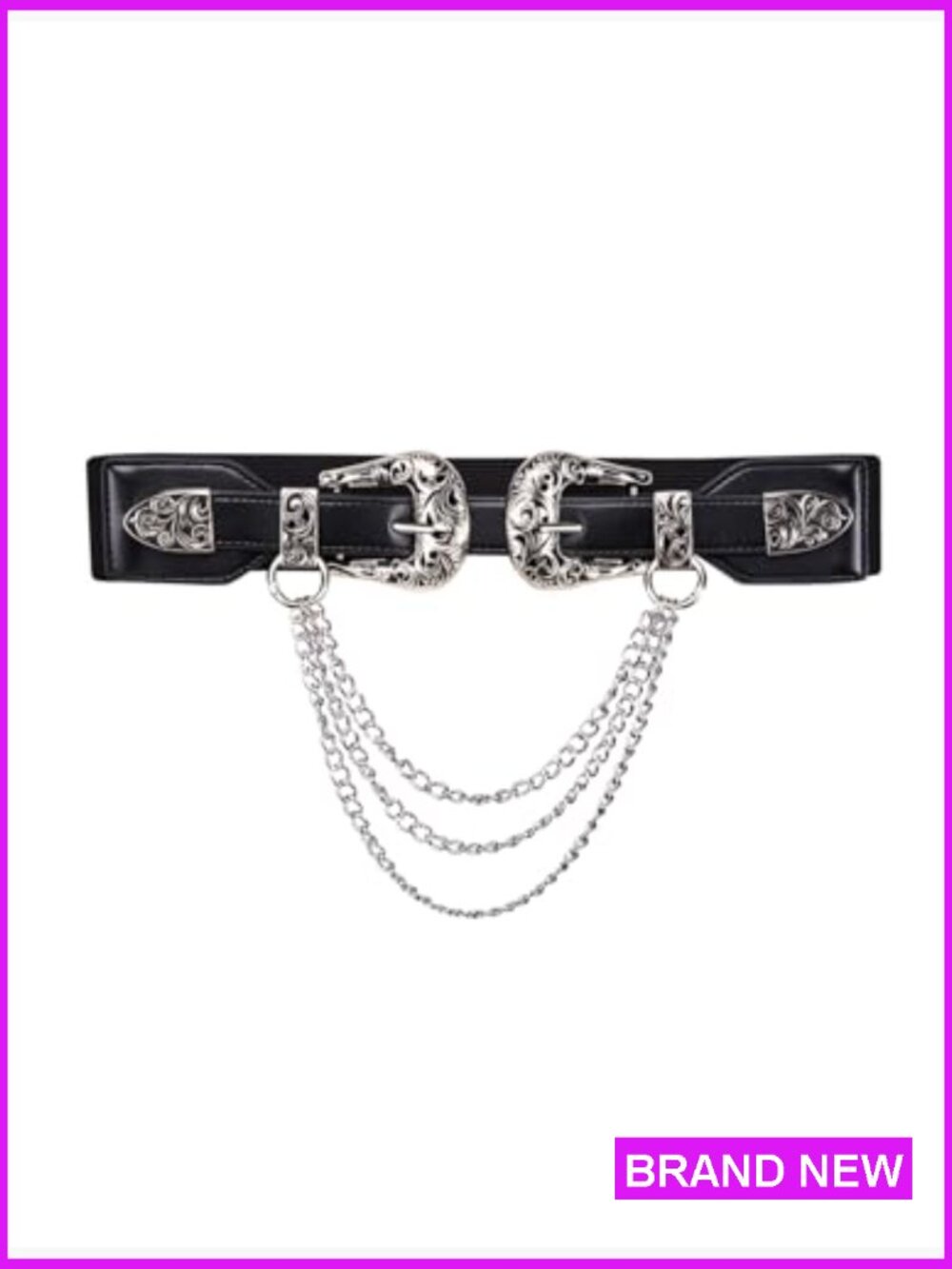 Vintage Western Leather Belt Double Buckle Chain Adjustable Elastic Y2K - Picture 6 of 6